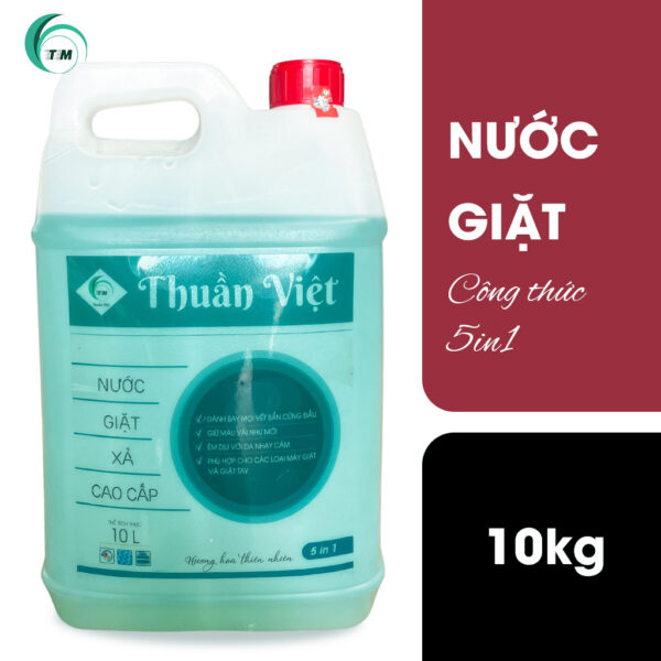Can nước giặt cao cấp 10kg 5in1 Thuần Việt – Giặt sạch, giữ màu, mềm vải, khử mùi, an toàn cho da.