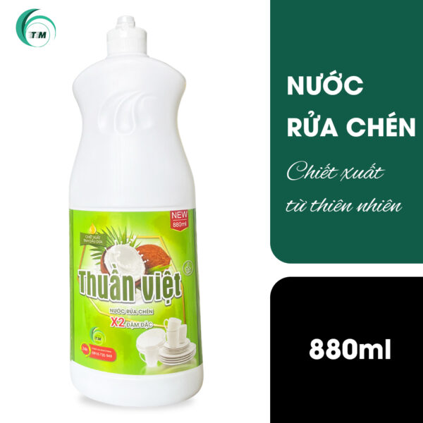 Can nước rửa chén 880g Thuần Việt chính hãng, chiết xuất tinh dầu dừa tự nhiên an toàn cho da tay.